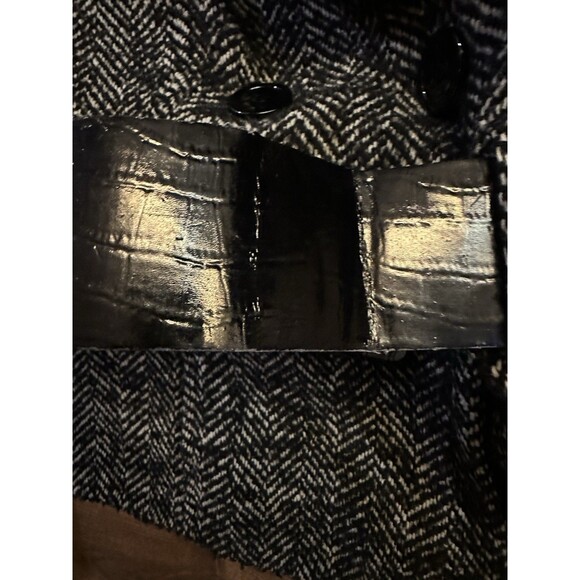 ZARA Wool Blend Belted Bouclé Coat Large* Herringbone Black White Shawl Collar - Picture 3 of 7